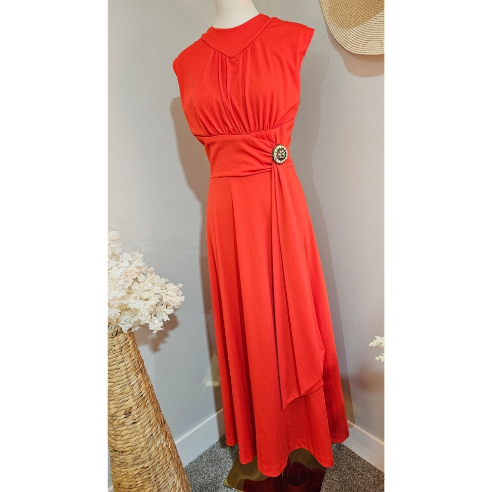 Vintage Union Made Red Polyester Gathered Bodic High Neck Long Maxi Dress